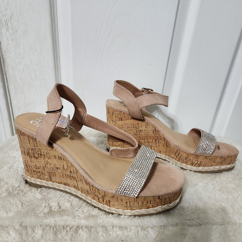 Madden NYC Blush Cork Wedge Sandals with Rhinestone Detail